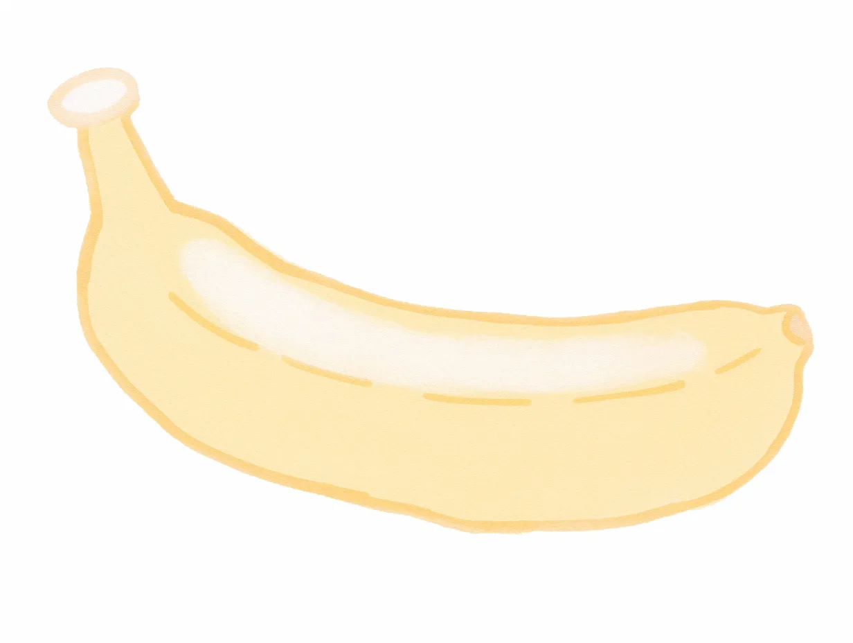 ゆるいバナナの軽やかなイラスト｜明るい色調でスッキリと描かれたゆるいバナナ。清潔感と軽快さを感じさせるため、チラシやプレゼン資料に適したビジネス写真素材です。