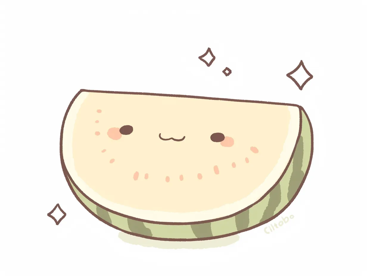 ゆるいスイカのかわいい断面イラスト｜明るい線と柔らかな色調で描かれたゆるいスイカの断面。親しみやすい雰囲気が特徴で、夏の販促やウェブ素材として効果的に使えるビジネス写真素材です。
