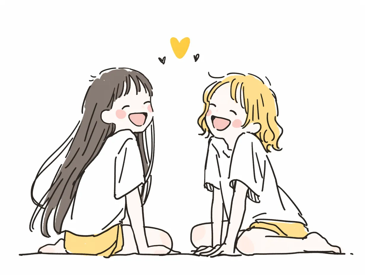 ゆるい人女子の向かい合う笑顔｜床に座って向かい合い、笑顔を見せる二人が印象的です。ゆるい人らしいタッチが、友情や交流を表す広告・SNS素材に適しています。