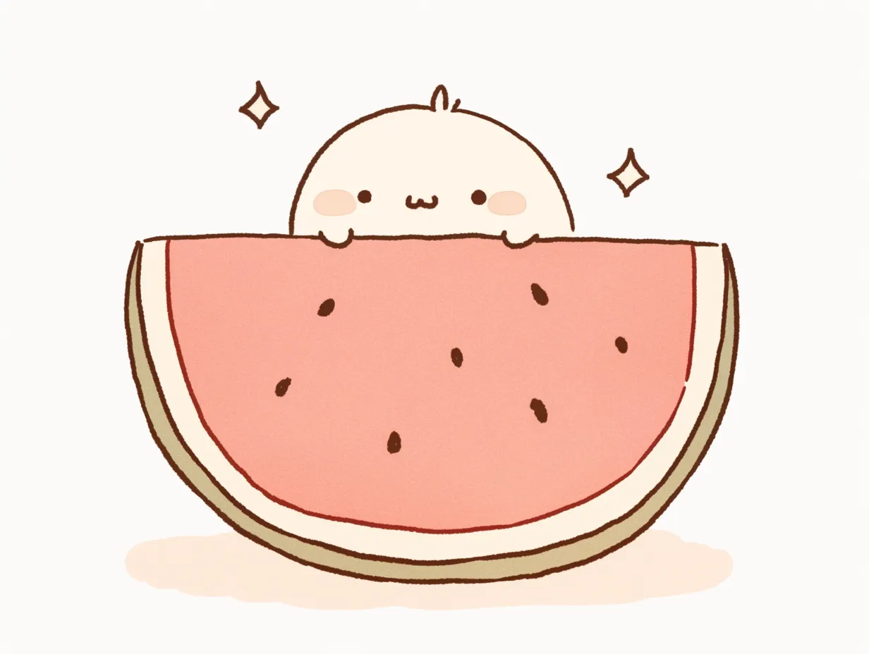 ゆるいスイカとキャラクターの楽しいイラスト｜キャラクターと並んだゆるいスイカが描かれ、遊び心のあるデザインに仕上がっています。SNSや広告で視覚的な楽しさを加えるビジネス利用に最適です。