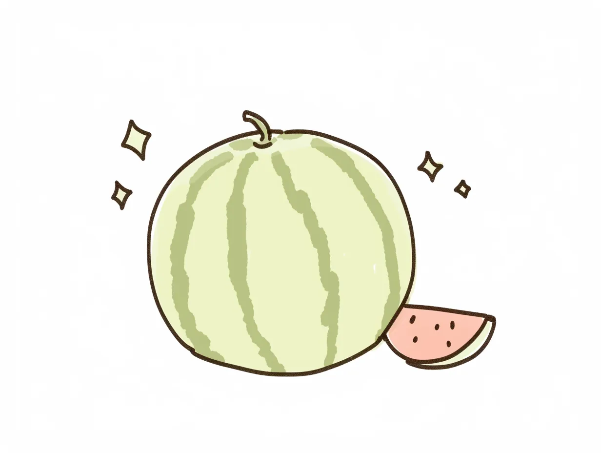 ゆるいスイカの丸ごととカット断面イラスト｜スイカの丸ごととカットが組み合わされ、シンプルながら情報量のあるデザイン。商品紹介や夏季キャンペーンに利用できる便利なビジネス写真素材です。
