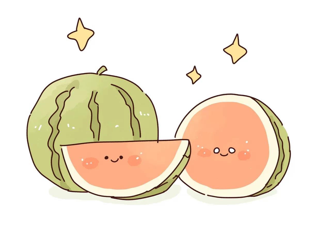 ゆるいスイカのペアで並んだかわいいイラスト｜ふんわりとした線で描かれたゆるいスイカがペアで配置され、楽しい雰囲気を醸成。販促物やチラシに親しみやすさを添えるのに役立つ素材です。