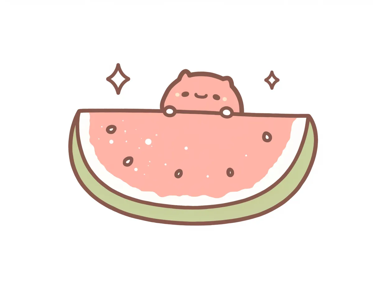 ゆるいスイカとキャラクターの爽やかイラスト｜キャラクターとスイカを組み合わせたデザインで、ユーモラスかつ清涼感のある仕上がり。夏のイベント用デザインに適したビジネス写真素材です。