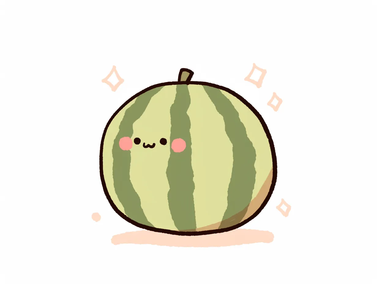 ゆるいスイカの元気いっぱいな丸ごとイラスト｜丸く描かれたゆるいスイカが活き活きとした印象を与えるイラスト。明るい雰囲気で、広告やウェブサイトに元気さを表現するためのビジネス素材として活用できます。