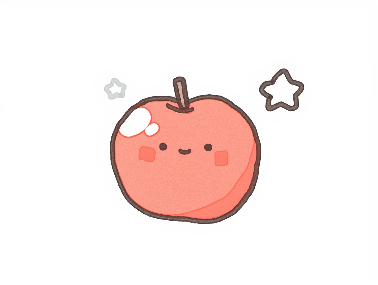 ゆるいリンゴのかわいい表情イラスト｜丸みを帯びた形にシンプルな顔が描かれたゆるいリンゴ。親しみやすさを感じさせるデザインで、資料や広告に柔らかい雰囲気を与えるビジネス写真素材です。