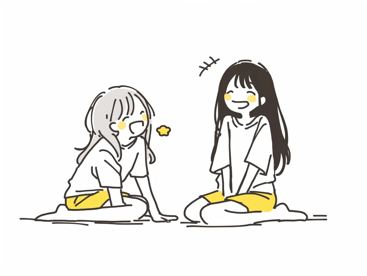 ゆるい人ふたりの楽しい会話シーン｜柔らかい色使いで描かれた二人が楽しげに笑う構図は、明るいコミュニケーションを象徴します。ゆるい人をテーマにした素材は教育や広報にも使いやすいです。