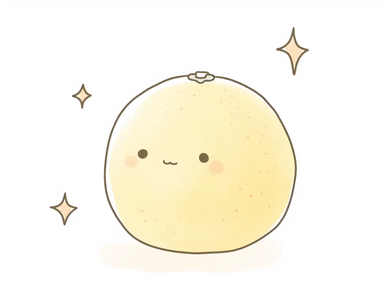 ゆるいみかんのかわいい表情イラスト｜やわらかな色合いとシンプルな顔が描かれたゆるいみかん。親しみやすさを感じさせ、販促物や広告に温かみを加えるビジネス写真素材です。