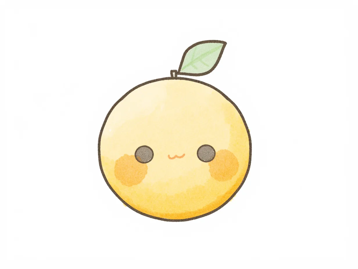 ゆるいみかんの葉つきキャラクターイラスト｜葉をちょこんと付けたゆるいみかんが丸く描かれたデザイン。キャラクター性が強く、SNS投稿やブランドロゴに活用しやすいビジネス素材です。