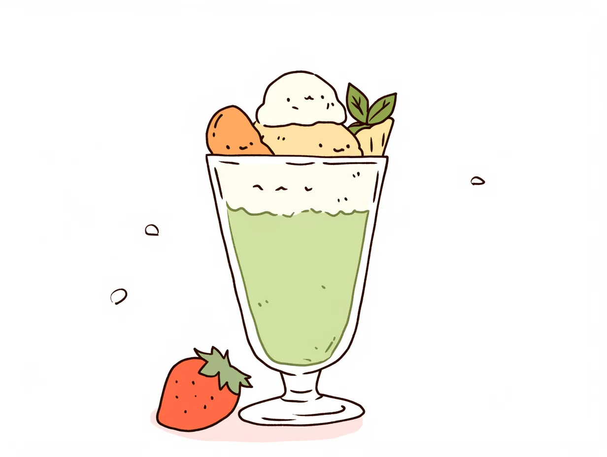 ゆるいパフェのさわやかな抹茶風イラスト｜抹茶風の色合いで描かれたゆるいパフェ。涼しげで上品なデザインが魅力で、和風スイーツの販促やデザイン素材に適したビジネス写真素材です。