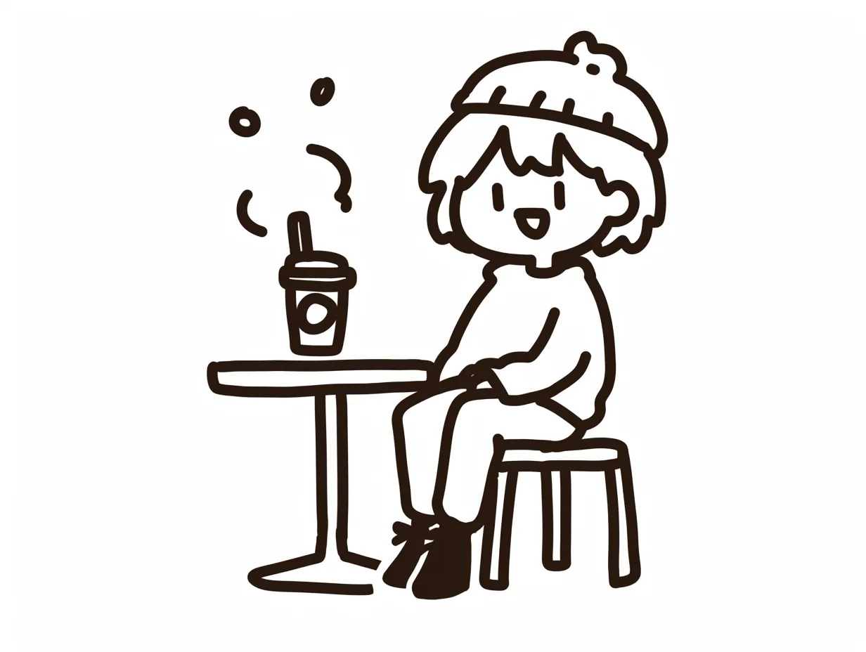 ゆるい人カフェに座る人物イラスト｜ゆったりと椅子に座る姿が描かれ、カジュアルな空気感を醸し出しています。ゆるい人をテーマにした線画は、休憩やリラックスを表す素材に最適です。