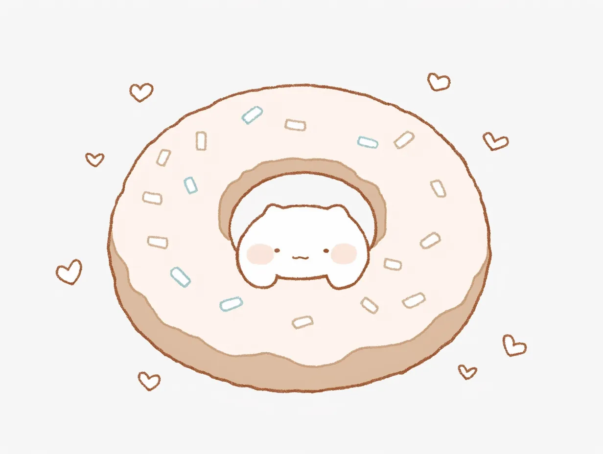 ゆるいドーナツのかわいいキャラクター｜丸いフォルムに小さな顔を描いたゆるいドーナツのデザイン。柔らかい線と優しい配色で仕上げられ、親しみやすい印象を与えるビジネス素材として多用途に活用できます。