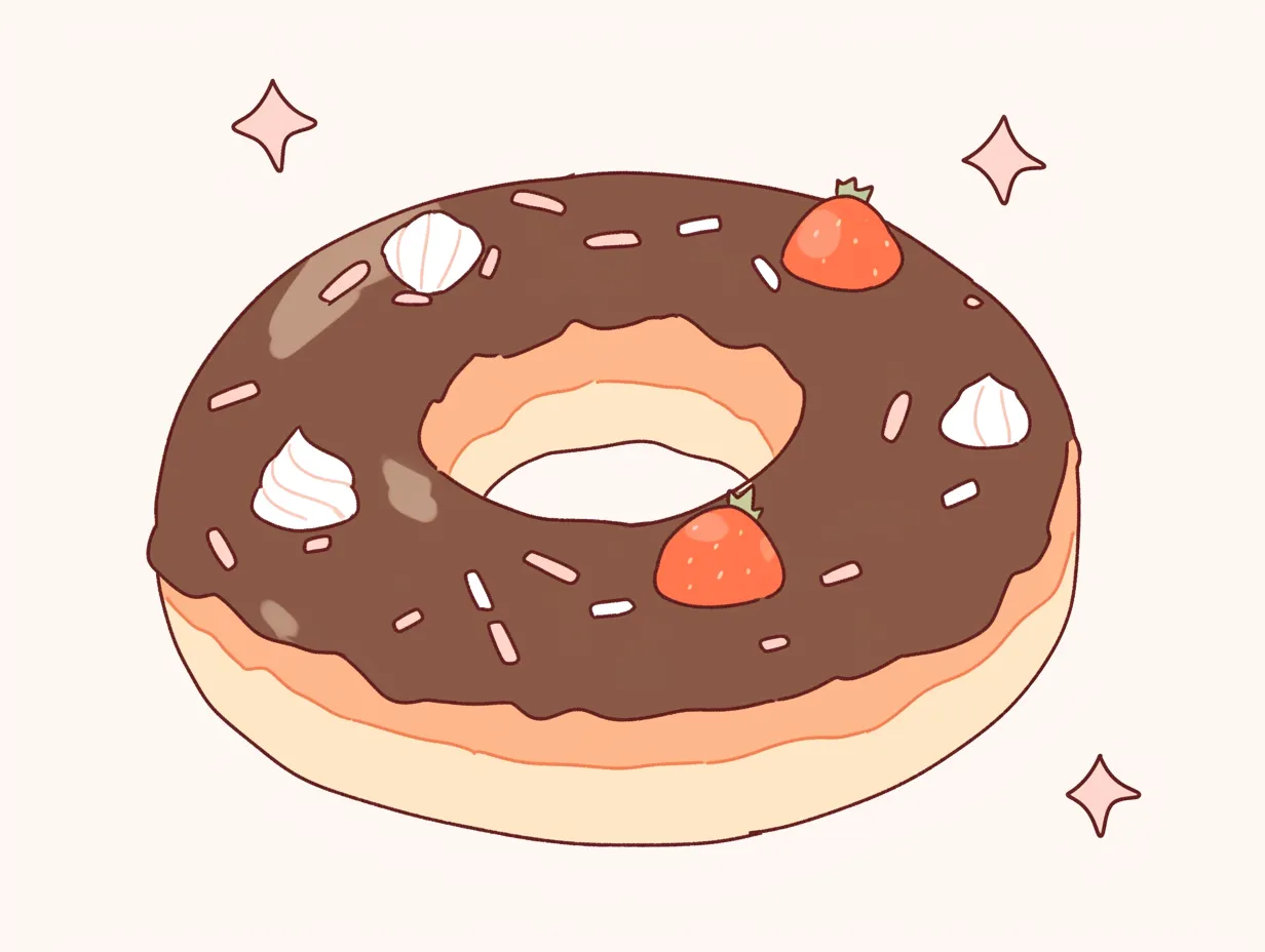 ゆるいドーナツのチョコレートデザイン｜チョコレートに苺やクリームをあしらったゆるいドーナツ。カラフルで華やかな仕上がりが特徴で、ポップな広告やカフェ系ビジネスに使いやすい素材です。