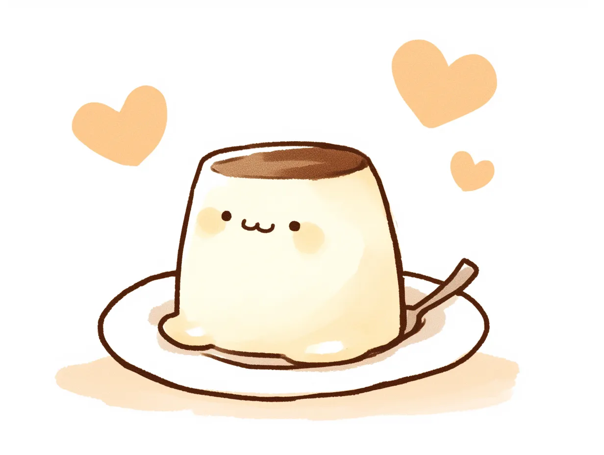 ゆるいプリンのかわいいキャラクター｜やさしい色合いと手描き風のタッチで描かれたゆるいプリン。愛らしい表情が加わり、親しみやすい印象を持つためSNSや広告に幅広く利用できるビジネス素材です。