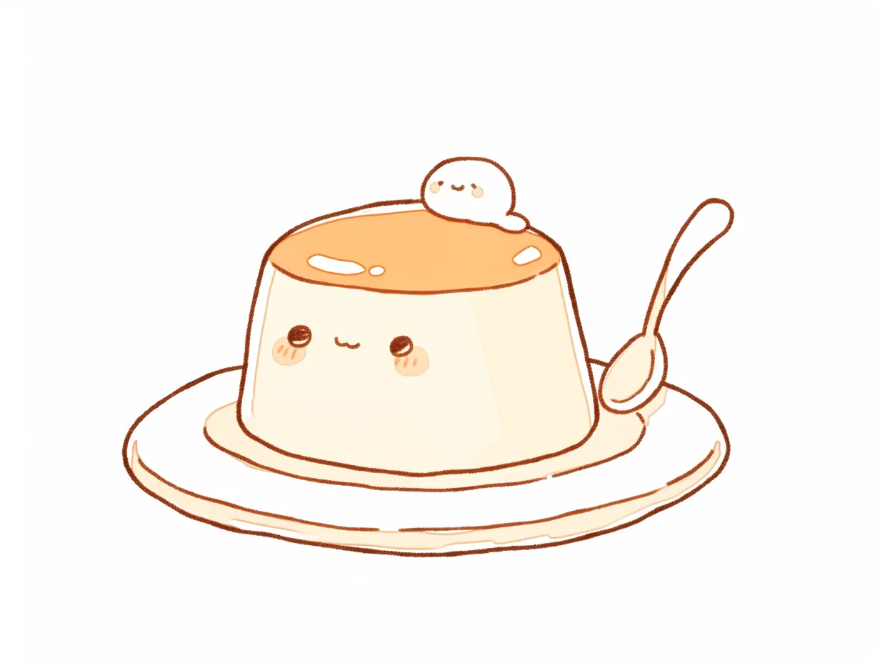 ゆるいプリンの小さな仲間付き｜上に小さなキャラクターが添えられたゆるいプリン。温かみのある線画とシンプルな彩色で構成され、商品紹介やカフェ関連の販促に活用できるビジネス素材です。