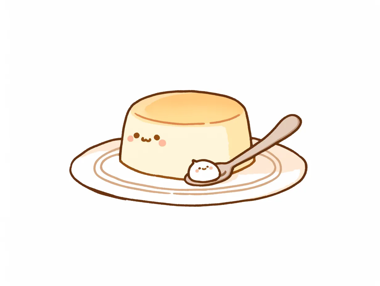 ゆるいプリンのスプーン添え｜横にスプーンを配したゆるいプリン。小さな表情がかわいらしく、商品メニューや子ども向けコンテンツにも使いやすいビジネス素材です。