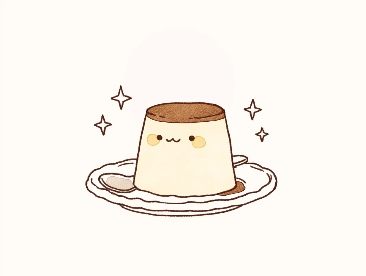 ゆるいプリンのクラシックな皿盛り｜細やかな線と柔らかな質感で仕上げられたゆるいプリン。上品で懐かしい印象があり、洋菓子店や飲食業のビジネス素材に適しています。