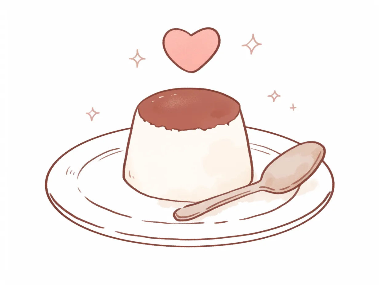 ゆるいプリンのかわいいシンプル仕上げ｜赤みのある配色で柔らかさを強調したゆるいプリン。親しみやすく清潔感があり、販促用やSNS投稿に活用しやすいビジネス素材です。
