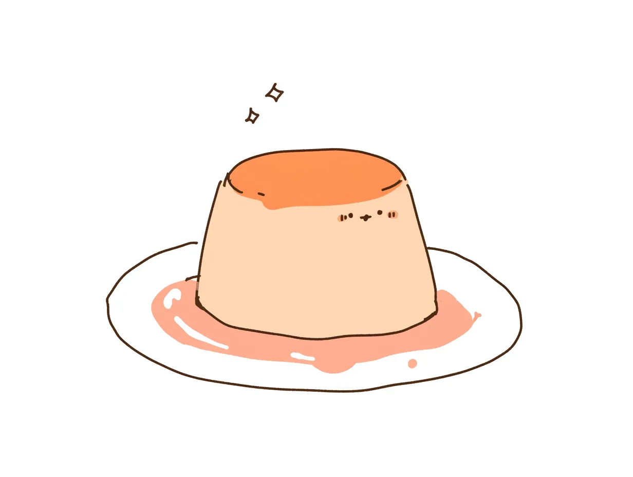 ゆるいプリンのラフな描き方｜ラフな線とシンプルな色使いで表現されたゆるいプリン。カジュアルな印象を演出でき、飲食関連やカフェ風デザインのビジネス素材に適しています。