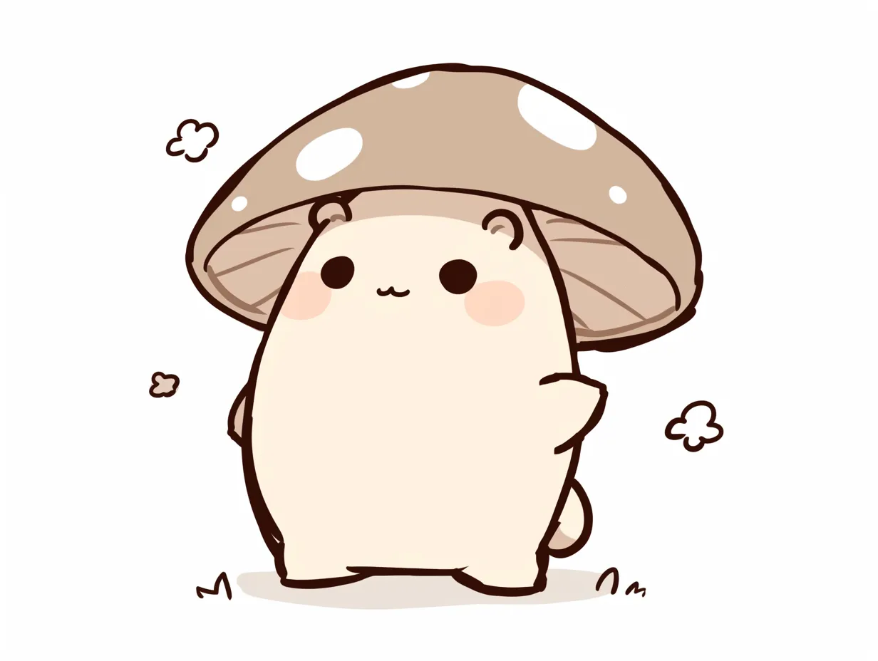 ゆるいきのこのキャラクターデザイン｜大きな傘をかぶった姿が愛らしいゆるいきのこ。シンプルな線と柔らかな配色で表現され、食品関連や自然テーマのビジネス素材に最適です。