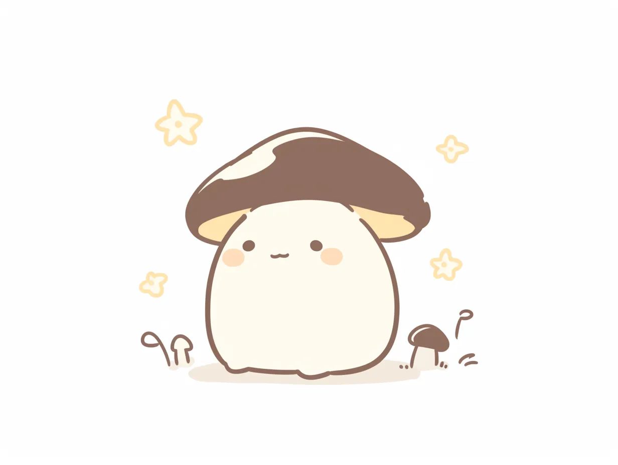 ゆるいきのこの小さな仲間付き｜小さなきのこが周囲に描かれたゆるいきのこ。やさしい雰囲気が強調され、ナチュラル感を大切にした広告や商品説明に使いやすい素材です。