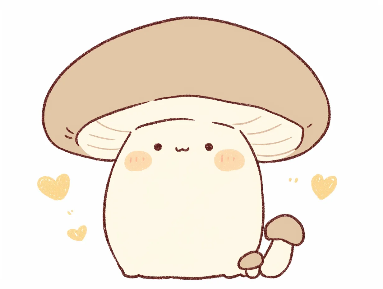 ゆるいきのこのシンプルイラスト｜茶色の傘と小さなきのこを組み合わせたゆるいきのこ。落ち着いた色味で清潔感があり、健康食品や自然志向のデザインに役立つビジネス素材です。
