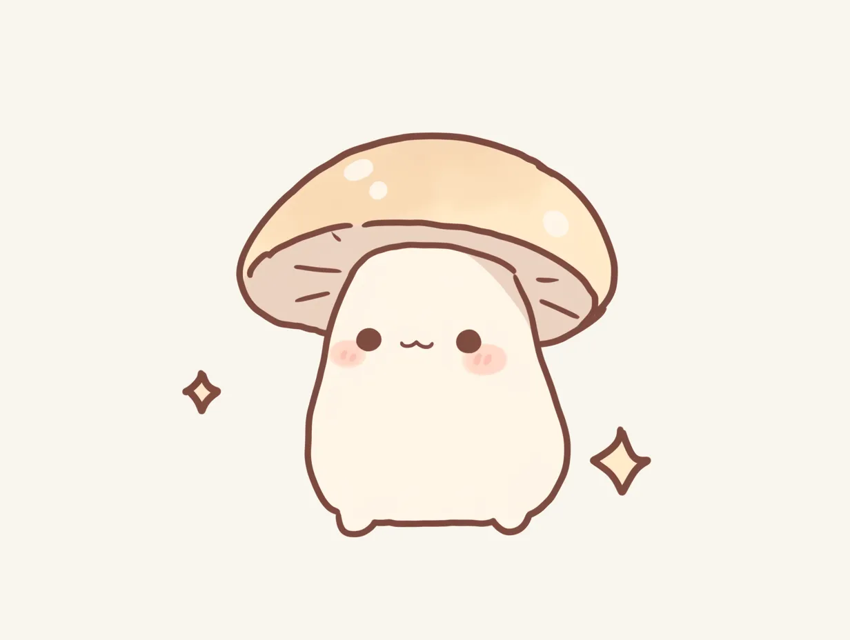ゆるいきのこのシンプルキャラクター｜シンプルな配色でまとめられたゆるいきのこ。手描き風の柔らかいタッチで描かれ、イラスト素材として多用途に使えるビジネス向けデザインです。