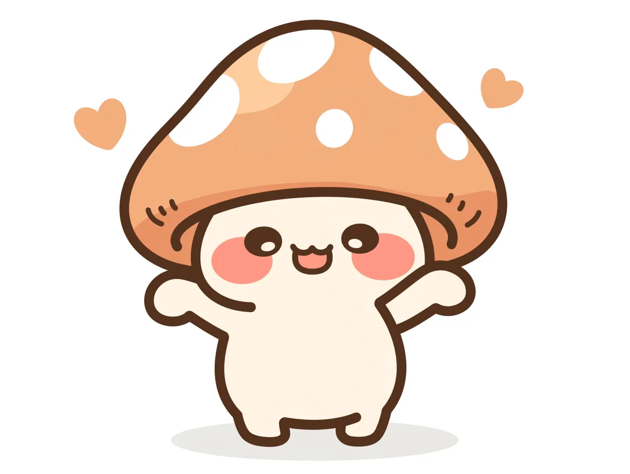ゆるいきのこの笑顔イラスト｜両手を広げたポーズが楽しいゆるいきのこ。丸みを帯びた線と温かい色合いで、親しみやすさを伝えるビジネス素材として効果的です。