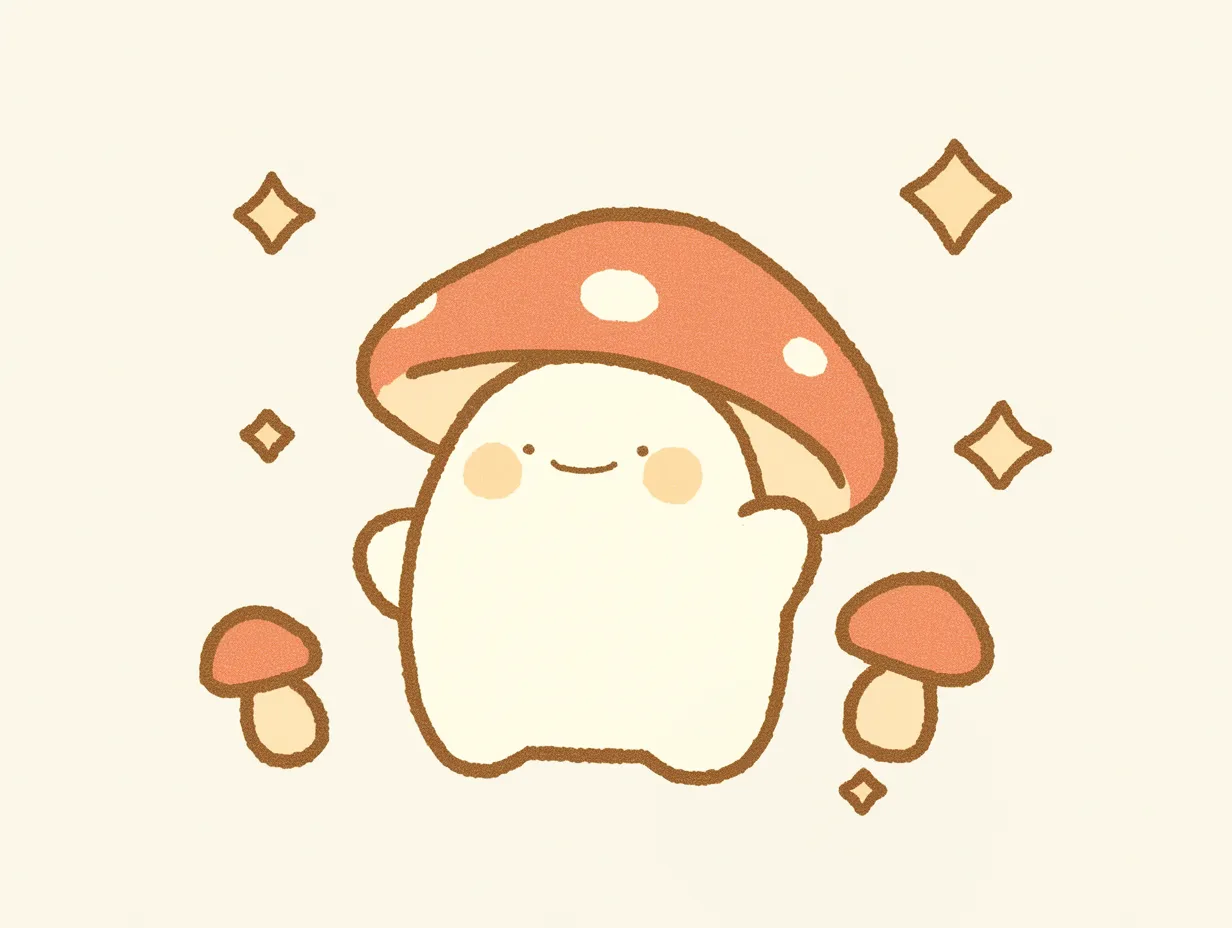 ゆるいきのこのレトロ風デザイン｜落ち着いたトーンと少し懐かしい雰囲気で描かれたゆるいきのこ。シンプルで優しい表現が、カフェや雑貨系のビジネス素材に適しています。