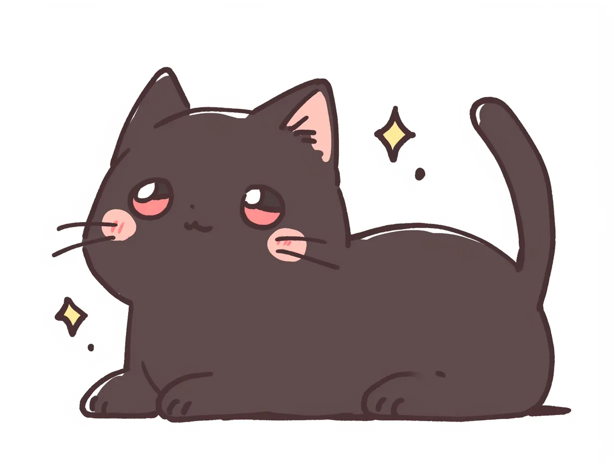 ゆるい黒猫の座り姿イラスト｜シンプルながら丸みを帯びたフォルムで描かれた黒猫が愛らしい印象です。ゆるい黒猫をモチーフにしたこの表現は、キャラクターデザインや商品販促素材に適しています。