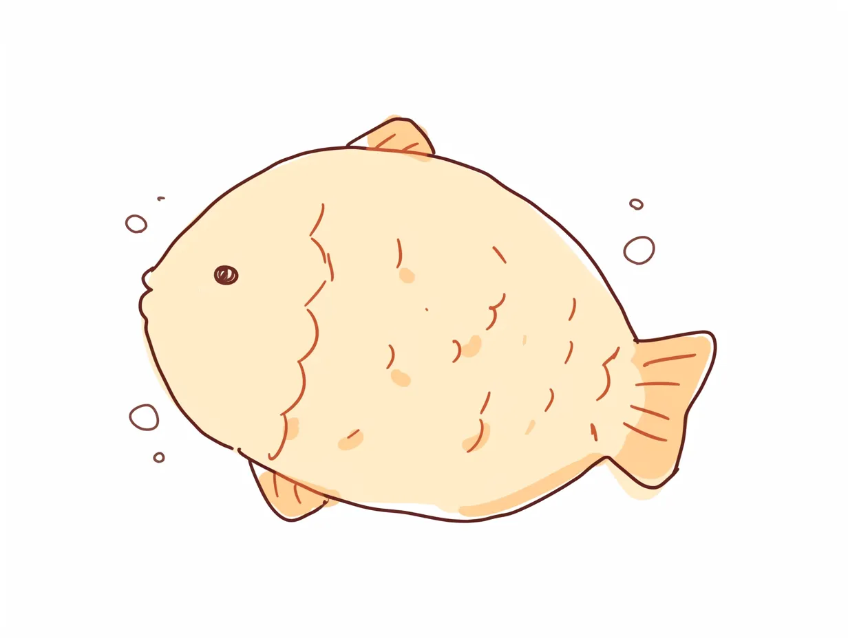ゆるいたい焼きのシンプルイラスト｜やさしい線画と素朴な色合いで描かれたゆるいたい焼き。親しみやすく柔らかな印象があり、飲食やスイーツ関連のビジネス素材に適しています。