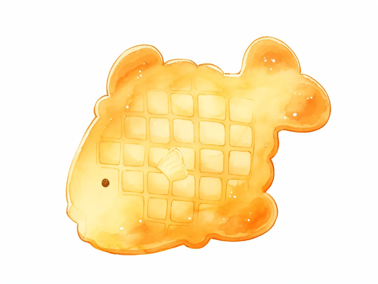 ゆるいたい焼きの水彩風デザイン｜水彩風の質感で描かれたゆるいたい焼き。やわらかな色使いと自然なタッチが特徴で、菓子店やカフェのビジネス素材として映えます。