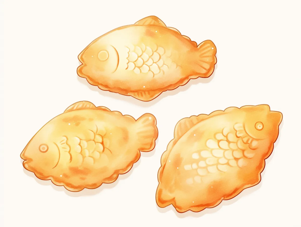 ゆるいたい焼きの三つ盛りイラスト｜三匹が並んだ構図のゆるいたい焼き。立体感を意識した描写で、食品パッケージや広告素材に効果的に使えるビジネスイラストです。