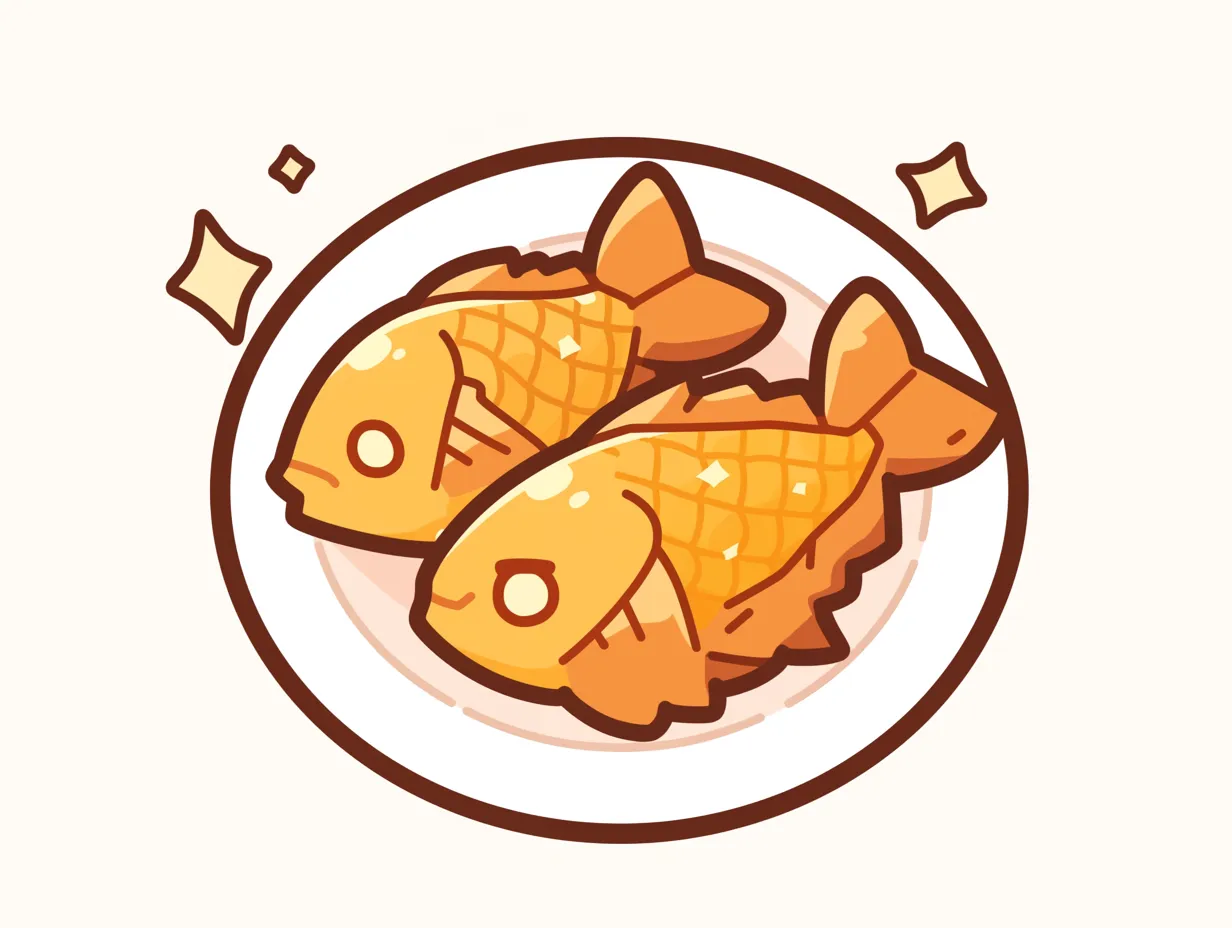 ゆるいたい焼きのかわいいペアデザイン｜二匹のお皿盛りが描かれたゆるいたい焼き。かわいい雰囲気が伝わり、ファミリーや親子を意識したビジネス素材に適しています。