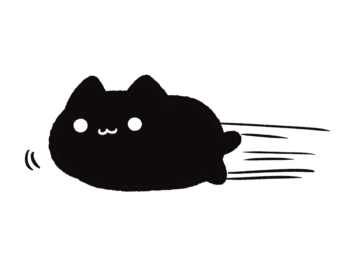 ゆるい黒猫の疾走イラスト｜コミカルな線とシルエット調で描かれた黒猫が勢いよく走る構図です。ゆるい黒猫のユーモラスな描写は、元気さやスピード感を伝える広告素材に活かせます。