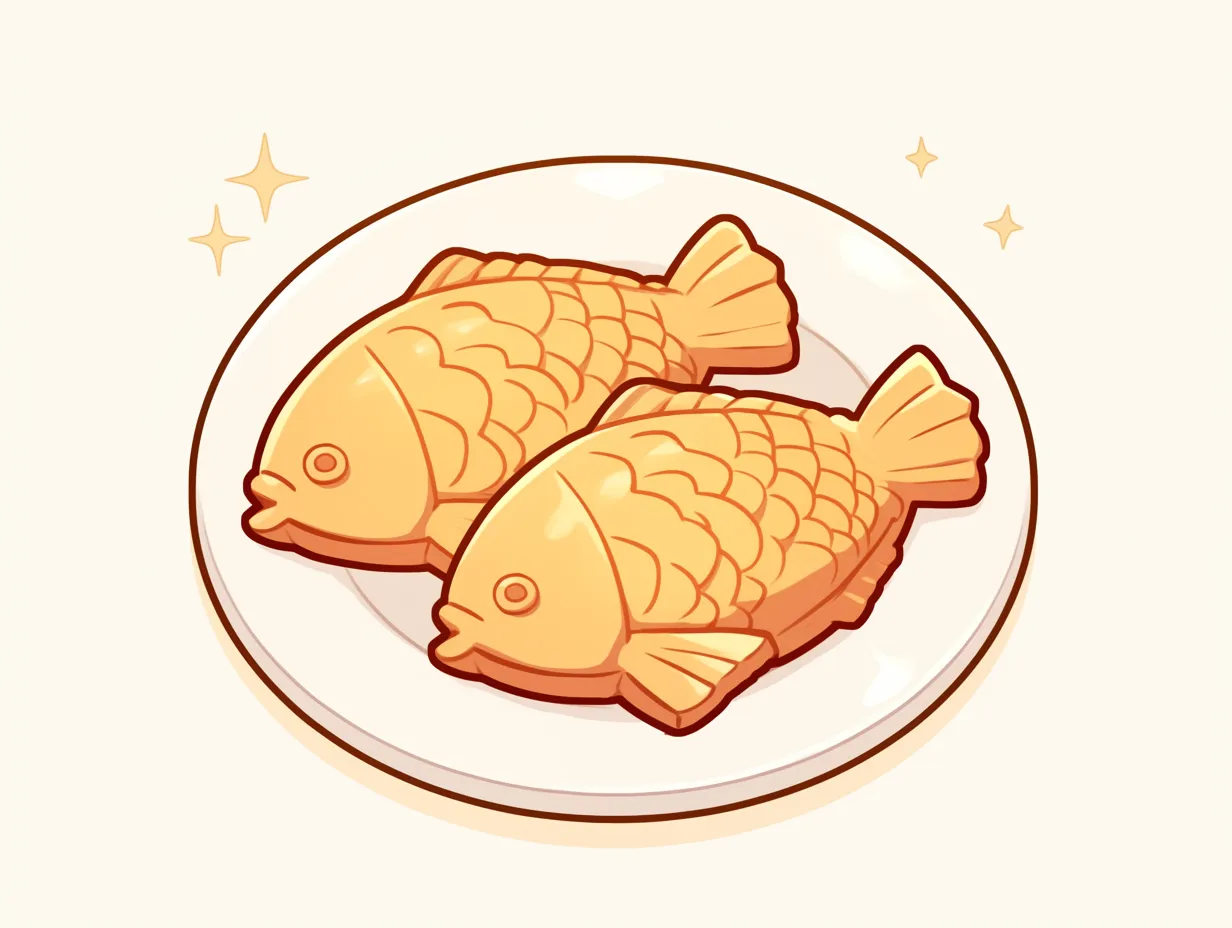 ゆるいたい焼きのリアル風タッチ｜細かいウロコ模様まで丁寧に表現されたゆるいたい焼き。リアルさと温かみが融合し、商品広告や食品パッケージに効果的です。