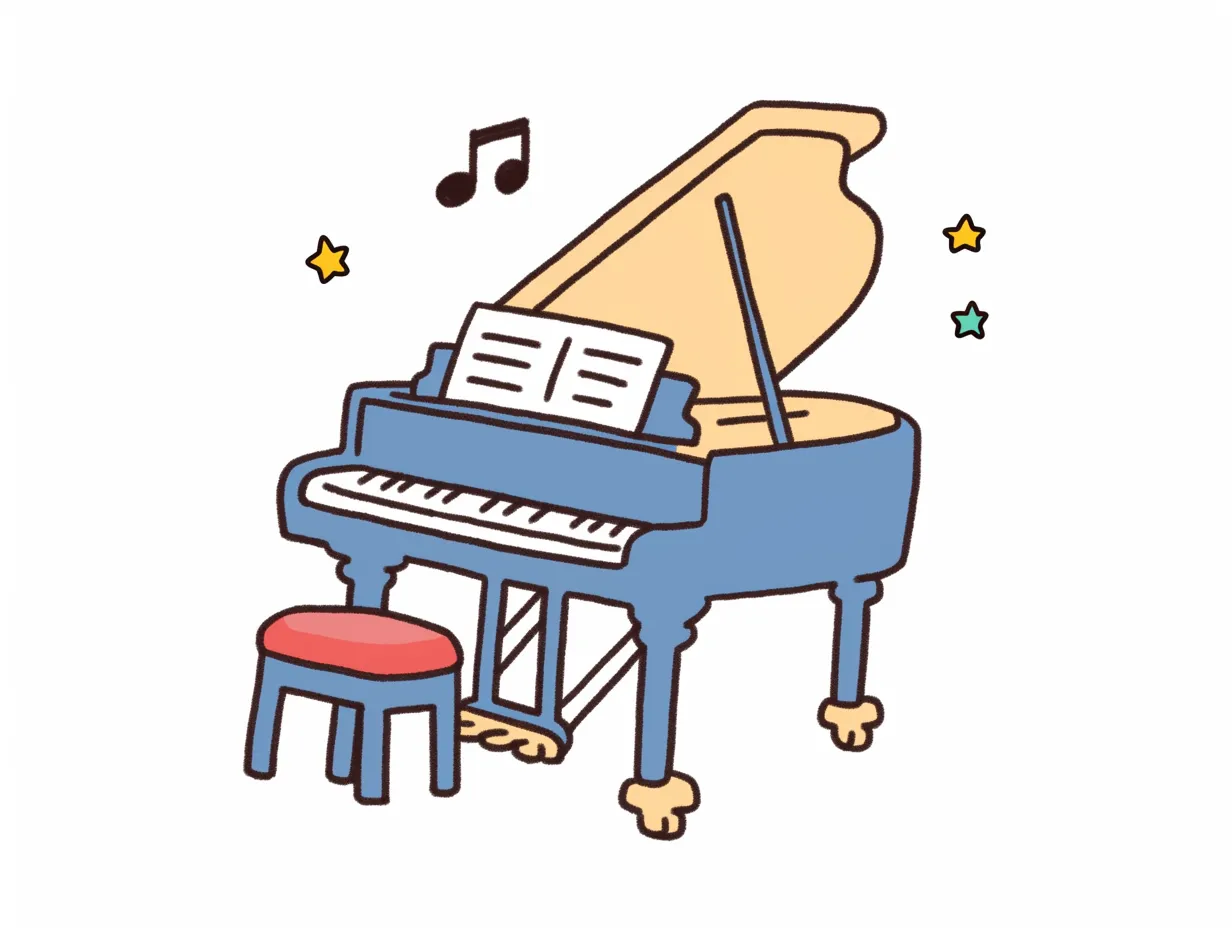 ゆるいピアノのカラフルデザイン｜青い本体に赤い椅子が映えるゆるいピアノ。ポップで楽しい雰囲気があり、音楽教室やイベント告知などのビジネス素材に適しています。