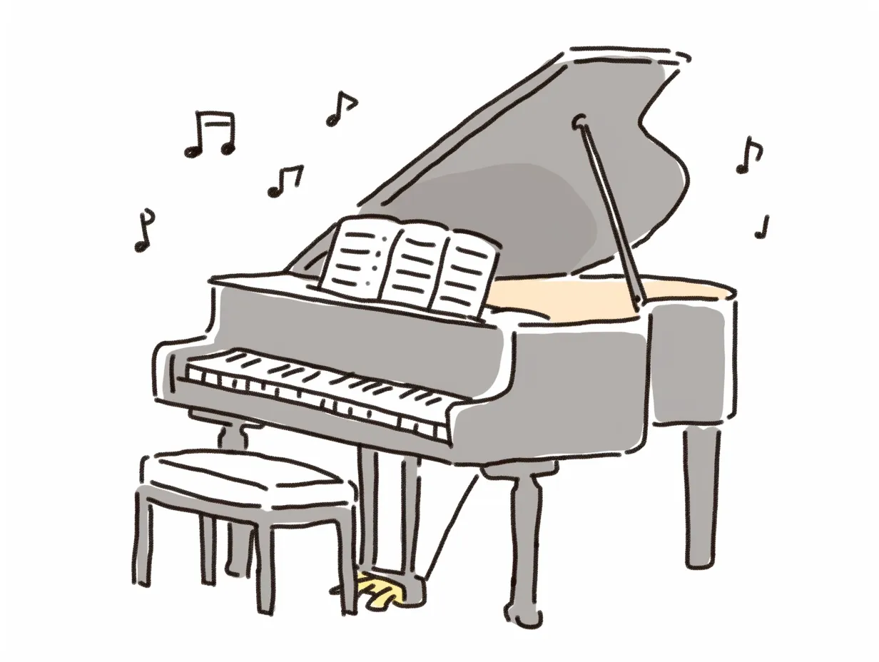 ゆるいピアノのグレーイラスト｜落ち着いたグレーカラーで描かれたゆるいピアノ。親しみやすさと上品さがあり、音楽関連の幅広いビジネス素材に対応できます。
