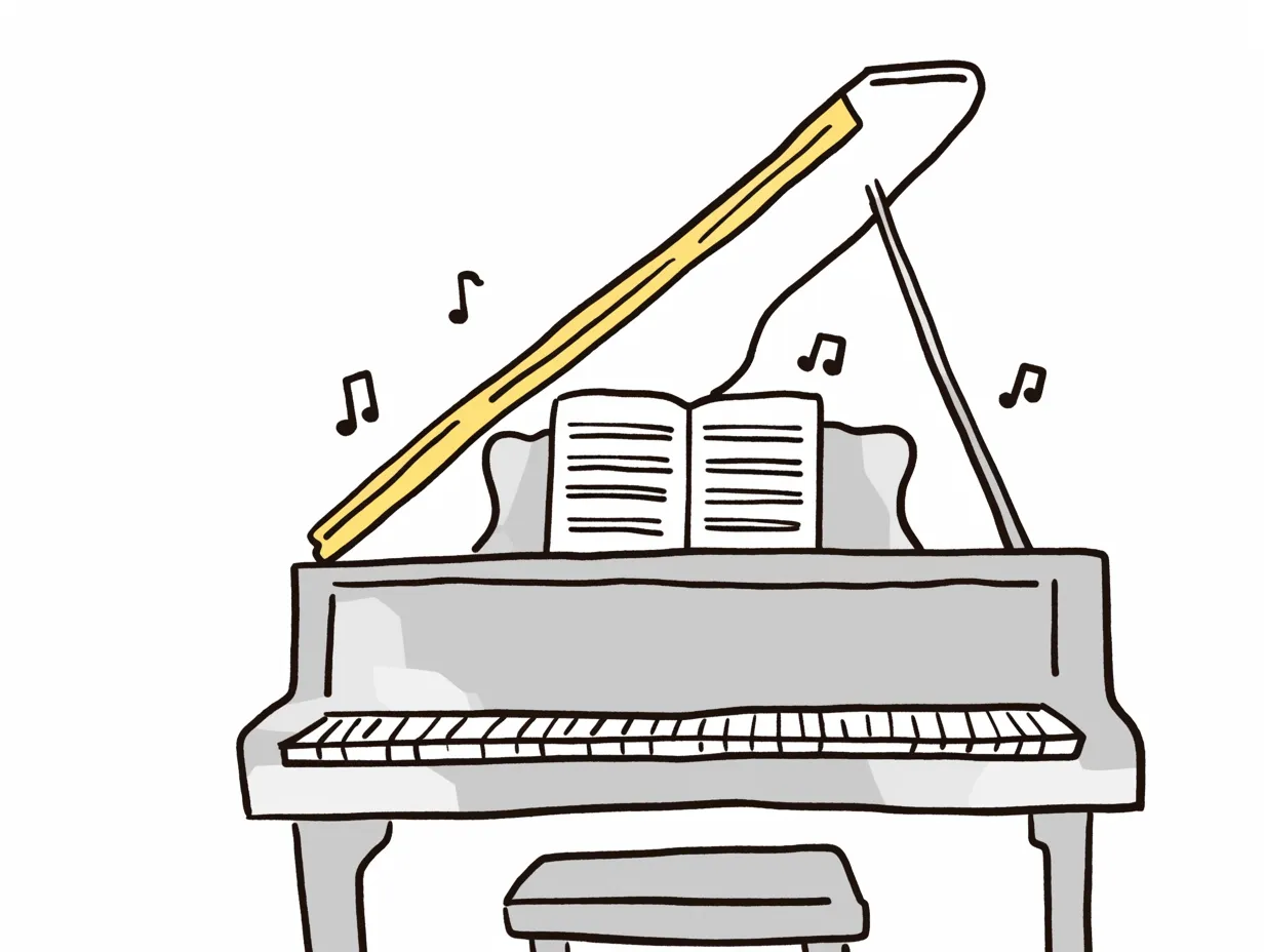 ゆるいピアノの楽譜付きイラスト｜楽譜がセットされたゆるいピアノ。演奏シーンをイメージさせる構成で、コンサートやレッスン案内に活用できるビジネス素材です。