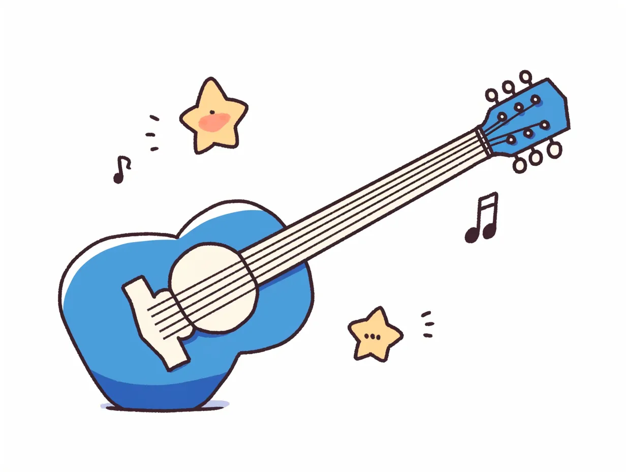 ゆるいギターのブルーカラー｜鮮やかな青で描かれたゆるいギター。星や音符が加わり、楽しさを感じさせる構成で、ライブや広告用のビジネス素材に最適です。