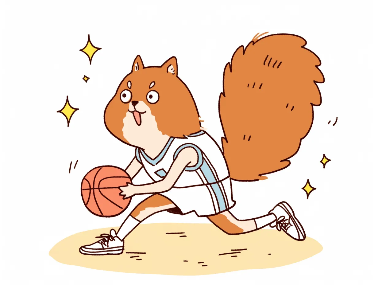 ゆるいバスケをするリスのイラスト｜ユーモラスなタッチで描かれたリスがバスケットボールを運ぶ姿を表現した素材です。動きのある線とデフォルメ表現が特徴で、ゆるいバスケをテーマにしたコミカルな雰囲気があり、親しみやすいビジュアルとして広告や教育系デザインに活用できます。