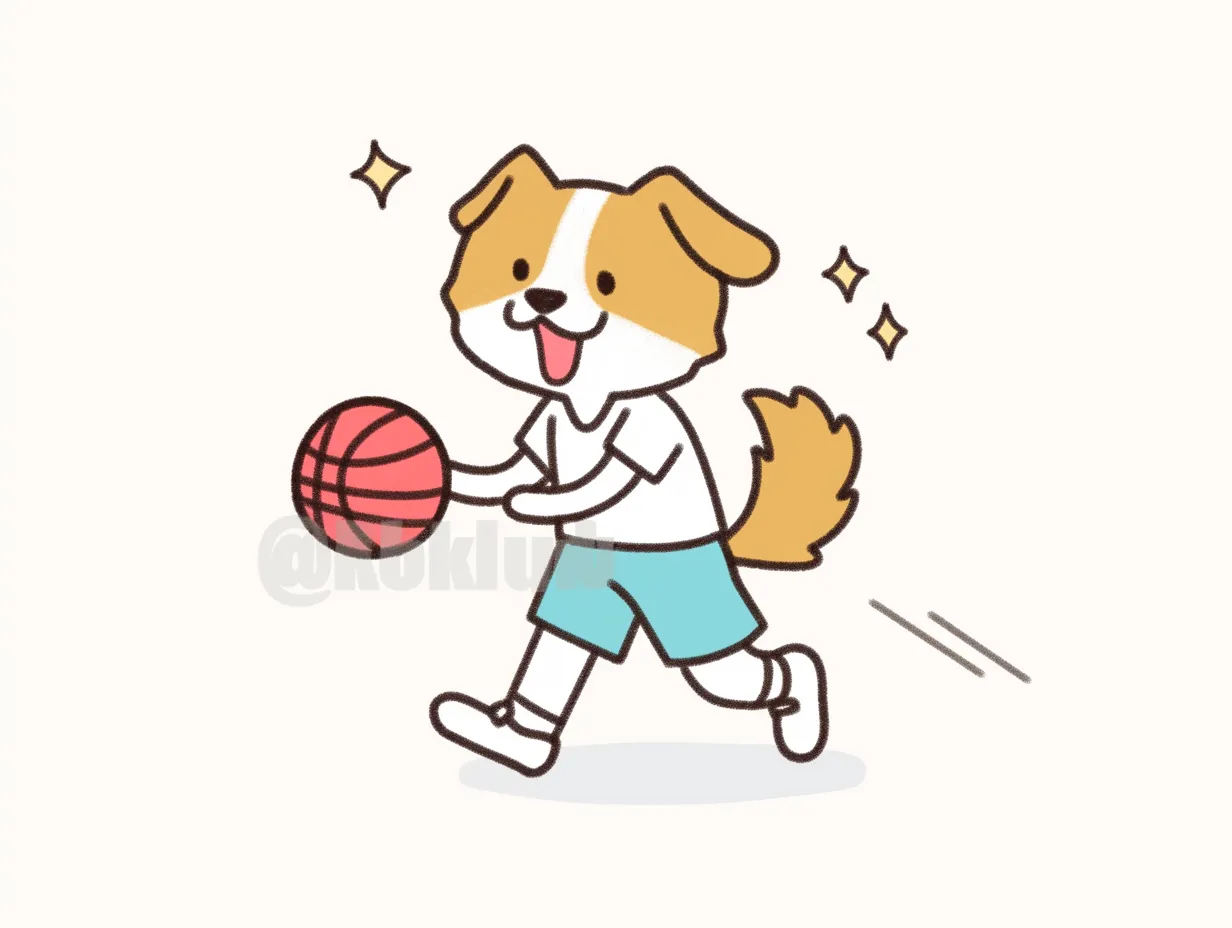 ゆるいバスケをする犬のイラスト｜明るい配色と丸みのあるフォルムで描かれた犬が楽しそうにバスケットをしている様子です。柔らかい表情とシンプルな線が魅力で、ゆるいバスケをモチーフにした素材として、子ども向けのコンテンツや遊び心あるビジネス資料に適しています。