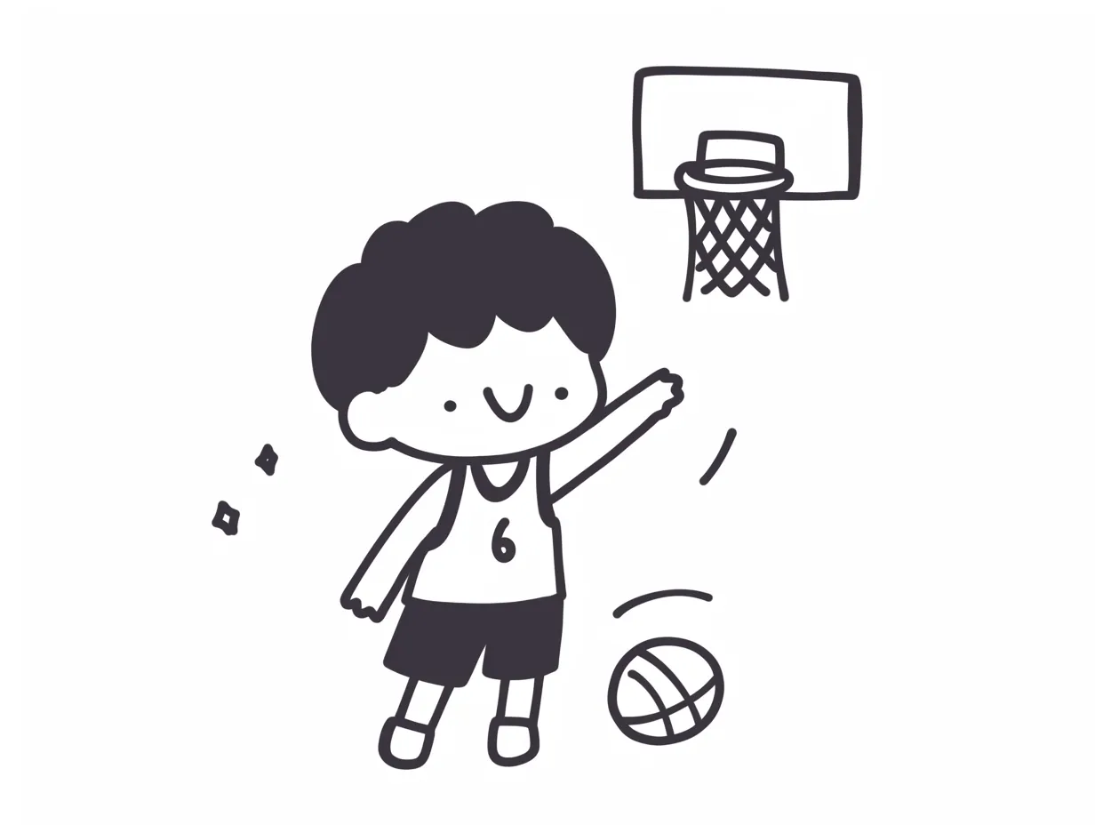 ゆるいバスケをする子供のイラスト｜モノクロ調のタッチでシンプルに描かれた子供がバスケットをしている素材です。デフォルメされた人物表現と最小限の要素で、ゆるいバスケをストレートに伝える構図となっており、ビジネス資料にも取り入れやすいシーンカットです。