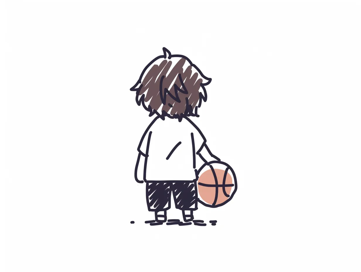 ゆるいバスケをする後ろ姿のイラスト｜ラフな線画スタイルで、バスケットボールを持つ人物の後ろ姿が描かれています。シンプルで落ち着いた印象ながらも、ゆるいバスケをテーマにした自然な日常感を伝えることができ、資料にさりげなく雰囲気を加える素材です。