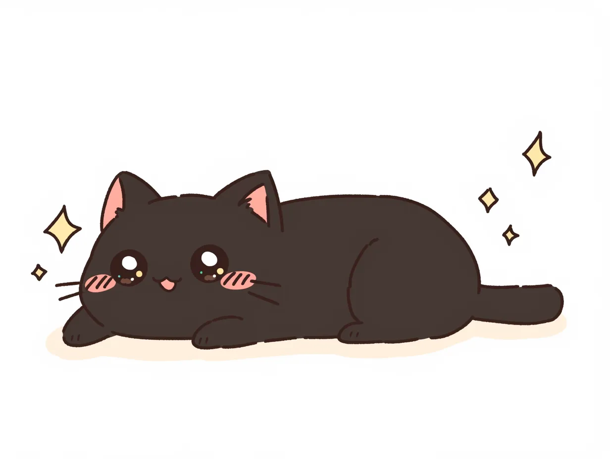 ゆるい黒猫の寝そべりイラスト｜地面に伏せた黒猫がきらめきと共に描かれ、可愛らしさを強調しています。ゆるい黒猫を用いたこの素材は、癒しや安心感を演出する広告やSNS活用に向いています。