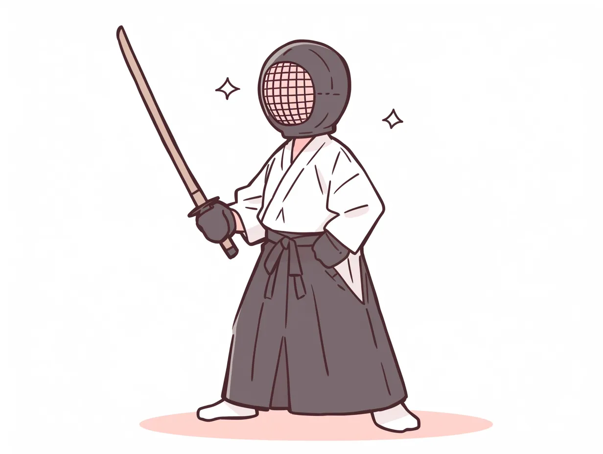 ゆるい剣道の構えを取るキャラクター素材｜白と黒をベースにしたクリーンな配色で、剣道の基本姿勢を表現。ゆるい剣道の親しみやすいタッチが特徴で、説明資料や販促物に効果的です。