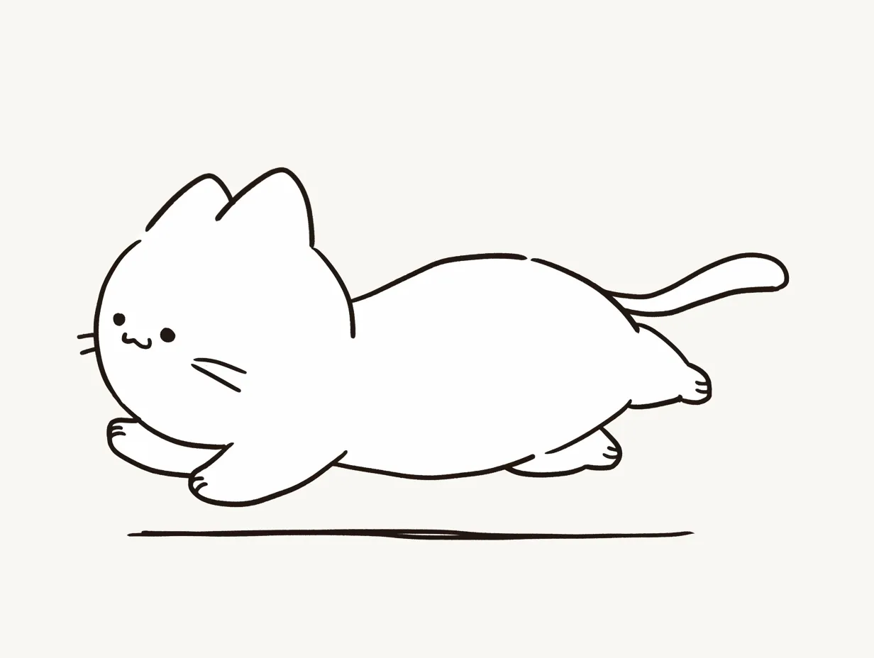 ゆるい白猫の駆けるイラスト｜軽快に走る姿をシンプルな線で描いた白猫が印象的です。ゆるい白猫のデザインは、スピード感や楽しさを演出する広告やSNS向けの素材に活用できます。