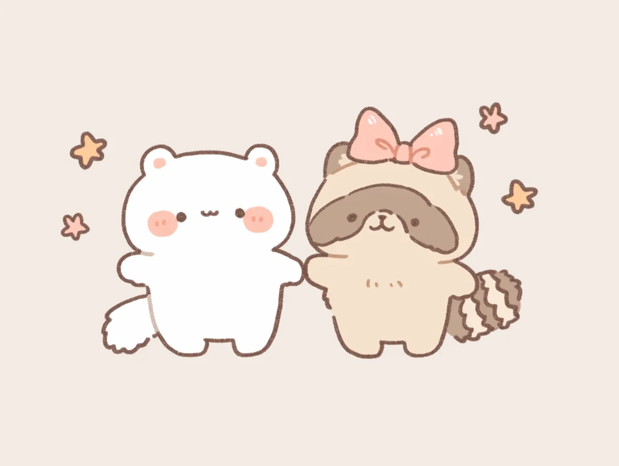 ゆるいかわいいタヌキとしろくま｜手を取り合うタヌキとしろくまが並んだ構図は、連帯感や友情を表現します。ゆるいかわいい表現がビジネス写真素材として、教育やコミュニケーション関連のデザインに活用できます。