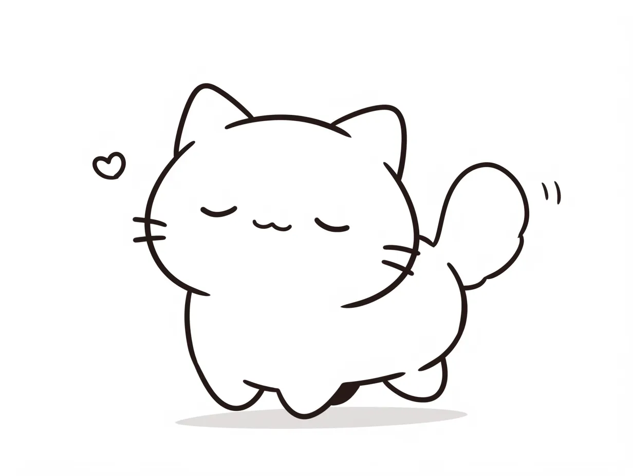 ゆるい白猫のしっぽふりイラスト｜しっぽを揺らしながら歩く姿がかわいらしく描かれています。ゆるい白猫の自然体な表現は、リラックス感や親しみやすさを伝えるビジネス素材に最適です。