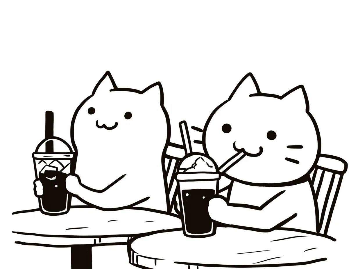 ゆるい白猫のカフェタイムイラスト｜2匹の白猫が並んでドリンクを楽しむ様子を描いています。ゆるい白猫の表現は、日常的な親近感を演出する素材としてイベントや店舗ビジュアルに向いています。