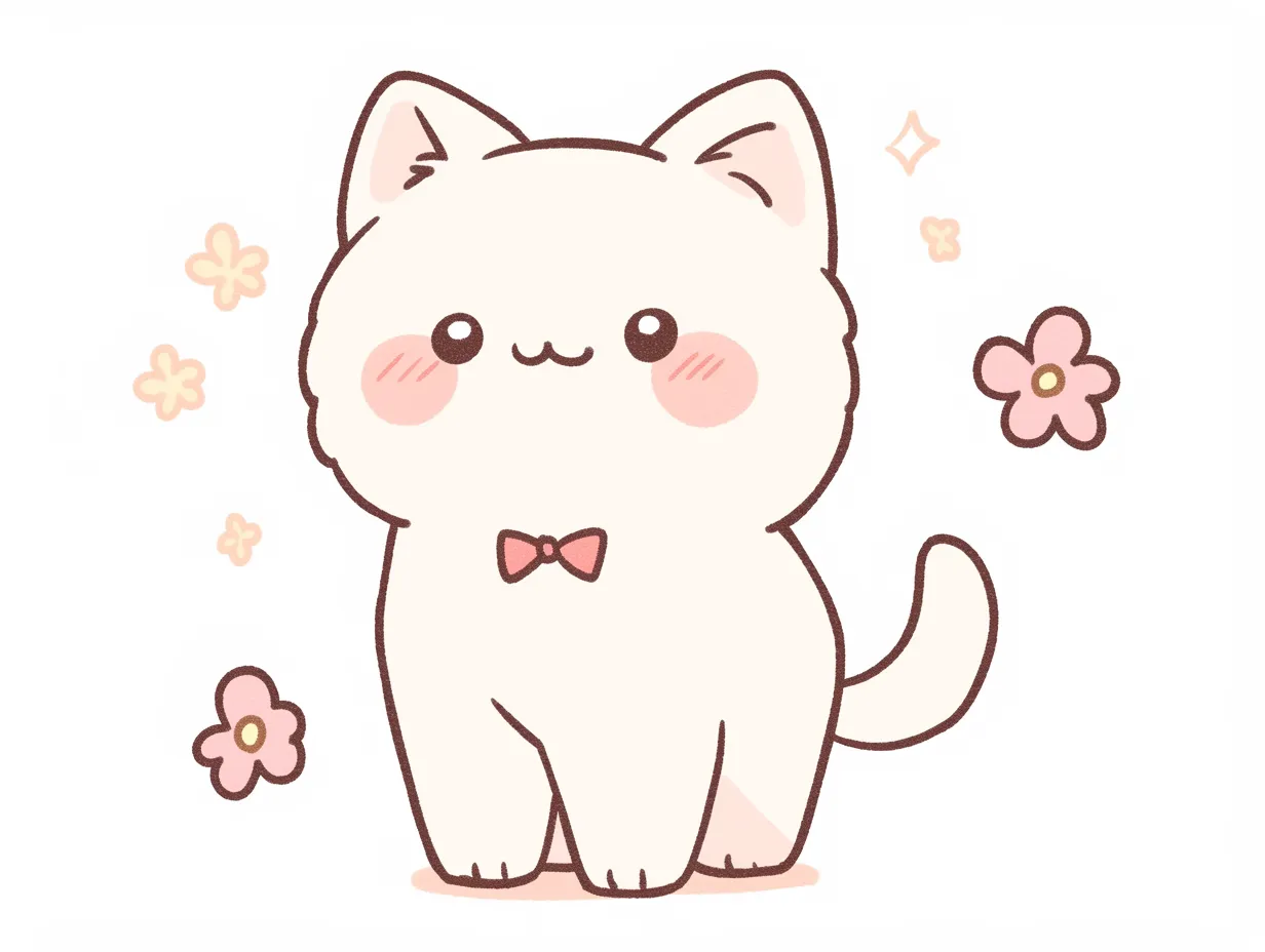 ゆるい白猫のお花に囲まれた姿｜花と一緒に描かれた白猫が柔らかな雰囲気を演出しています。ゆるい白猫の愛らしいタッチは、季節イベントや販促ツールに活用できる親しみやすい素材です。